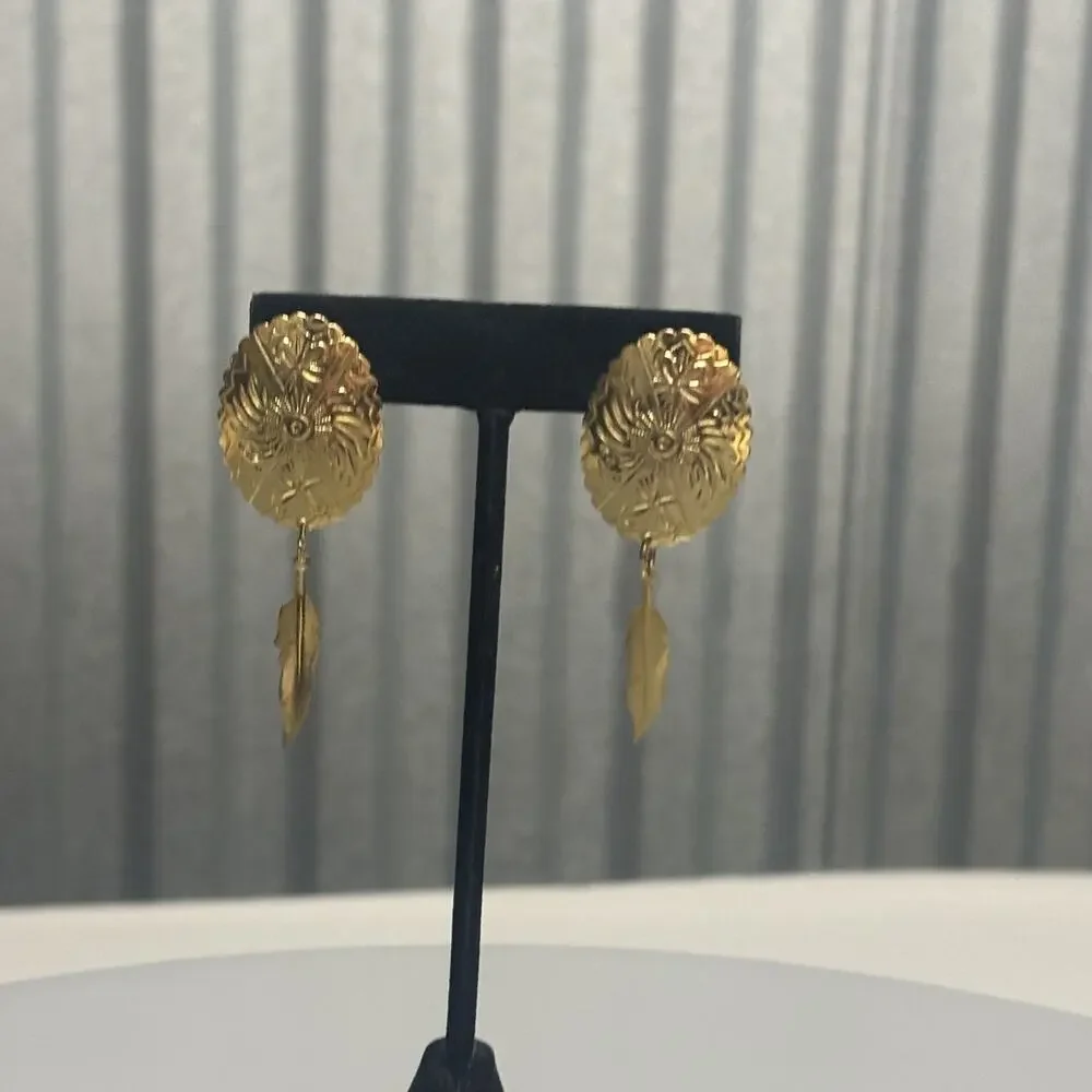 Vintage Gold Tone Concho‎ Earrings Pierced Dangle Feather Drop Western Jewelry